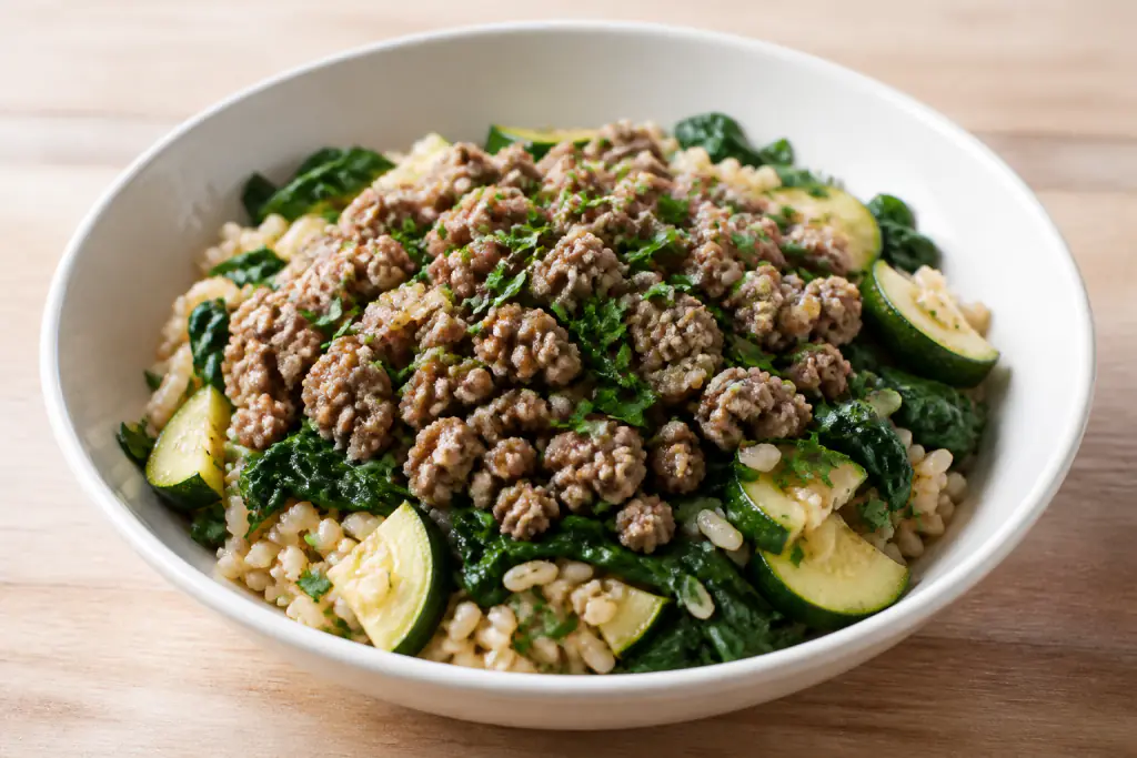 Albanian-Inspired Fatty-Liver-Caution Turkey Brown Rice Greens Bowl