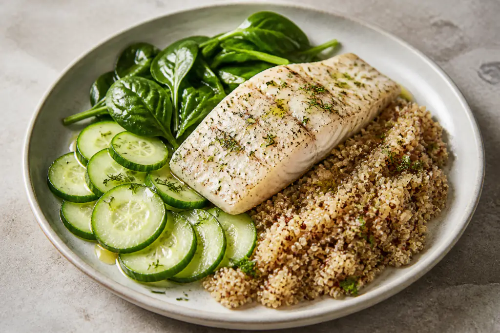 Albanian-Inspired Heart-Healthy White Fish Quinoa Cucumber Plate