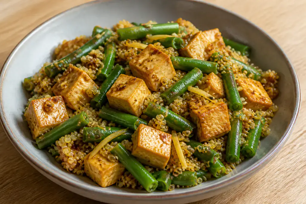 Algerian-Inspired Diabetes-Friendly Tofu Quinoa Green Bean Bowl