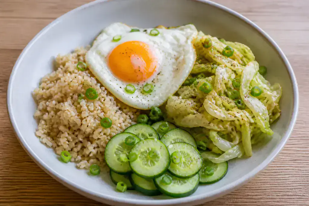 Argentinian-Inspired Diabetes-Friendly Egg Brown Rice Cabbage Plate