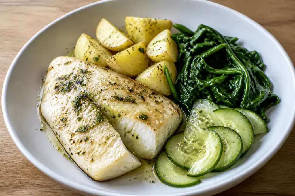 Argentinian-Inspired Heart-Healthy White Fish Potato Spinach Plate