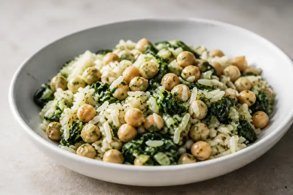 Argentinian-Inspired Vegan Chickpea Spinach Rice Bowl
