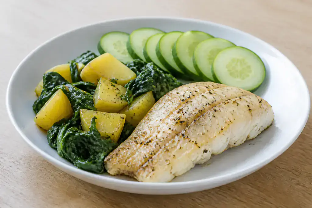 Bangladeshi Heart-Healthy White Fish Potato Spinach Plate
