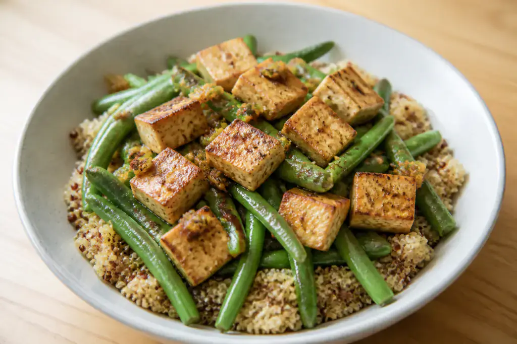 Basque-Inspired Diabetes-Friendly Tofu Quinoa Green Bean Bowl
