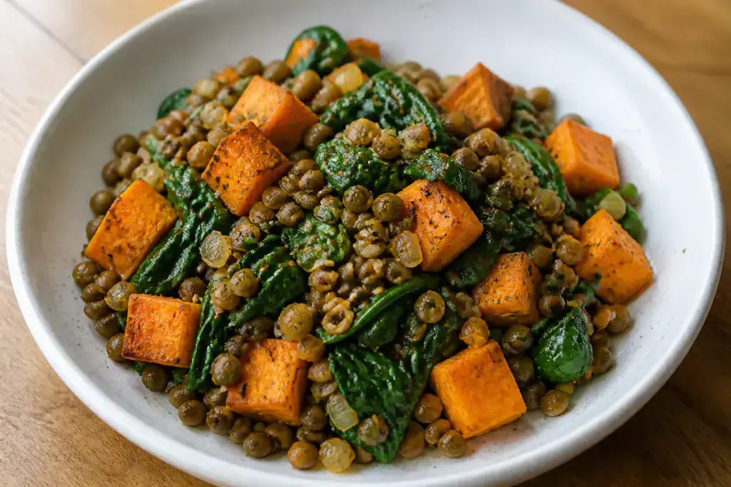 Bulgarian-Inspired Vegan Lentil Sweet Potato Spinach Bowl