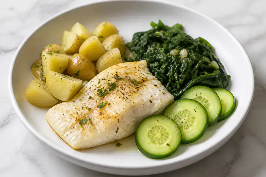 Caribbean-Inspired Heart-Healthy White Fish Potato Spinach Plate