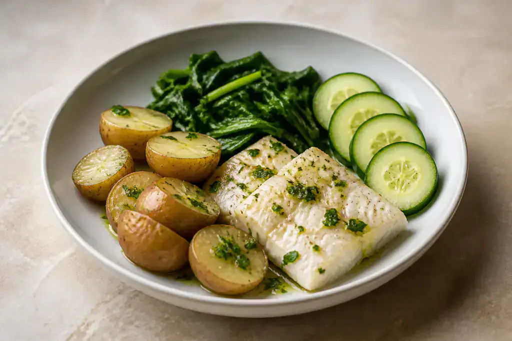 Chilean-Inspired Heart-Healthy White Fish Potato Spinach Plate