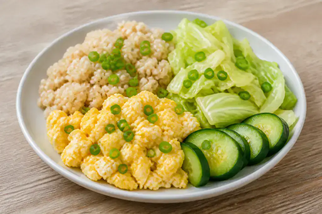 Chinese-Inspired Diabetes-Friendly Egg Brown Rice Cabbage Plate