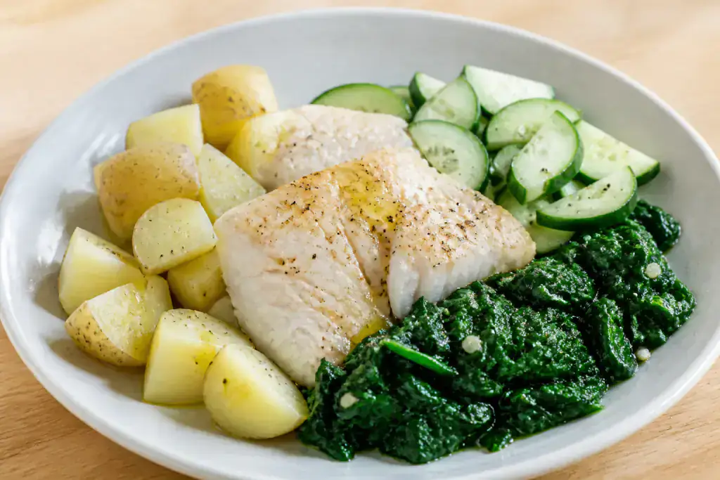 Chinese-Inspired Heart-Healthy White Fish Potato Spinach Plate