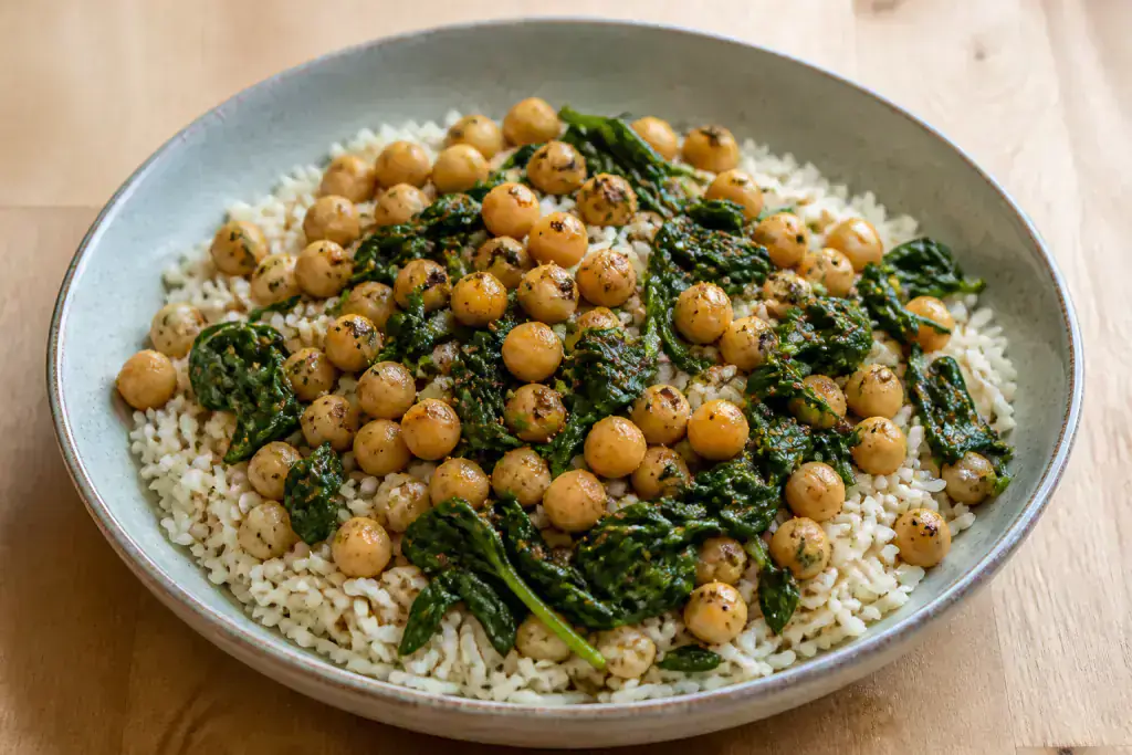 Chinese-Inspired Vegan Chickpea Spinach Rice Bowl