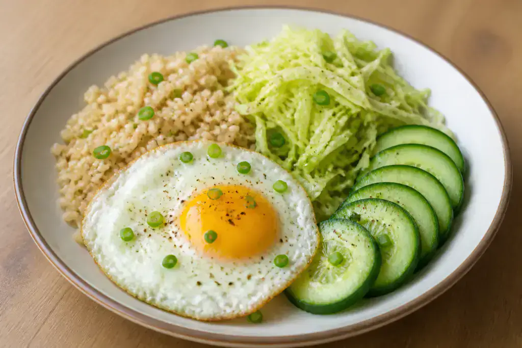 Colombian-Inspired Diabetes-Friendly Egg Brown Rice Cabbage Plate