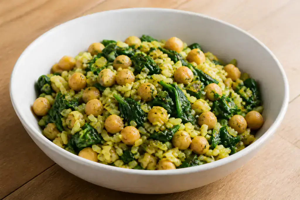 Colombian-Inspired Vegan Chickpea Spinach Rice Bowl