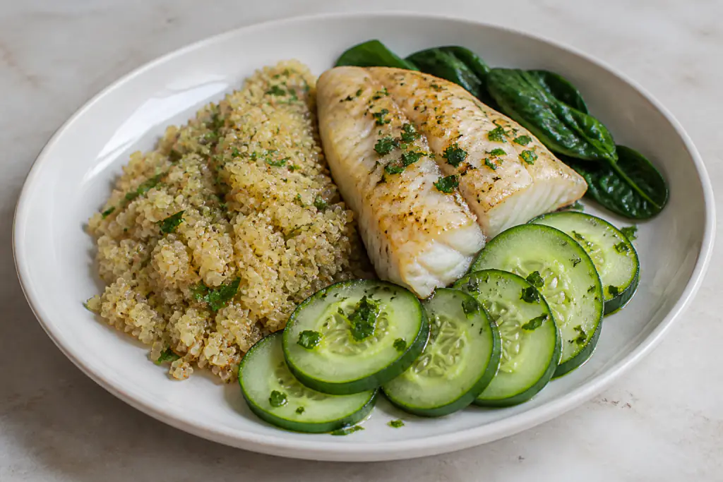 Croatian-Inspired Heart-Healthy White Fish Quinoa Cucumber Plate