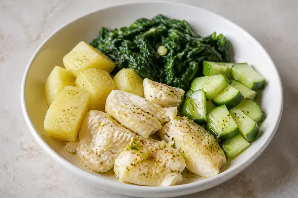 Cuban-Inspired Heart-Healthy White Fish Potato Spinach Plate