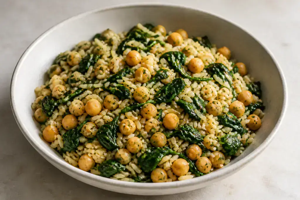 Cuban-Inspired Vegan Chickpea Spinach Rice Bowl