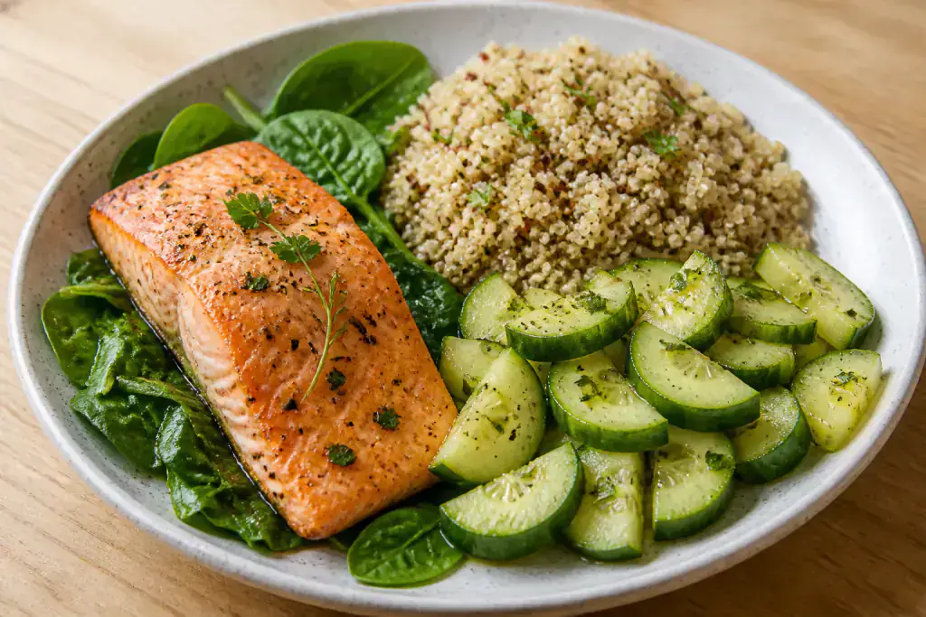 Ethiopian-Inspired Heart-Healthy Salmon Quinoa Cucumber Plate
