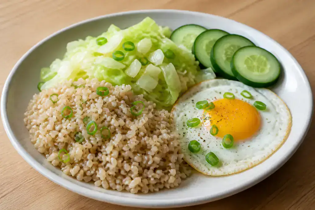 Filipino-Inspired Diabetes-Friendly Egg Brown Rice Cabbage Plate