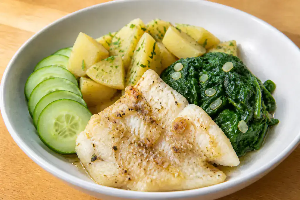 Filipino-Inspired Heart-Healthy White Fish Potato Spinach Plate