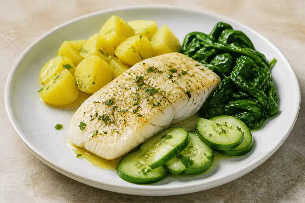 German-Inspired Heart-Healthy White Fish Potato Spinach Plate
