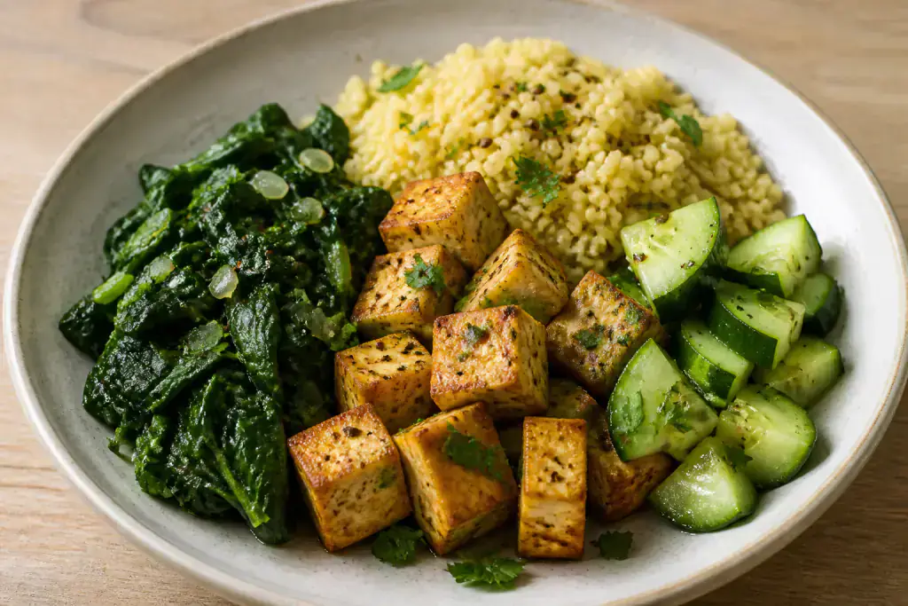 German-Inspired PCOS-Friendly Tofu Millet Greens Bowl