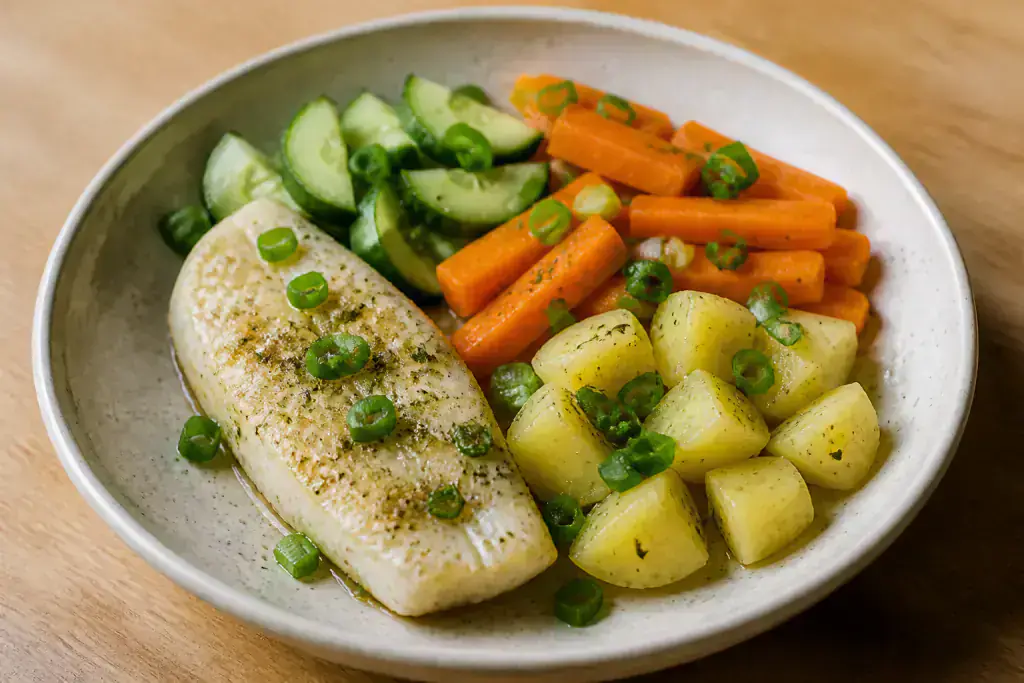 Ghanaian Low-FODMAP-Style Fish Potato Carrot Bowl