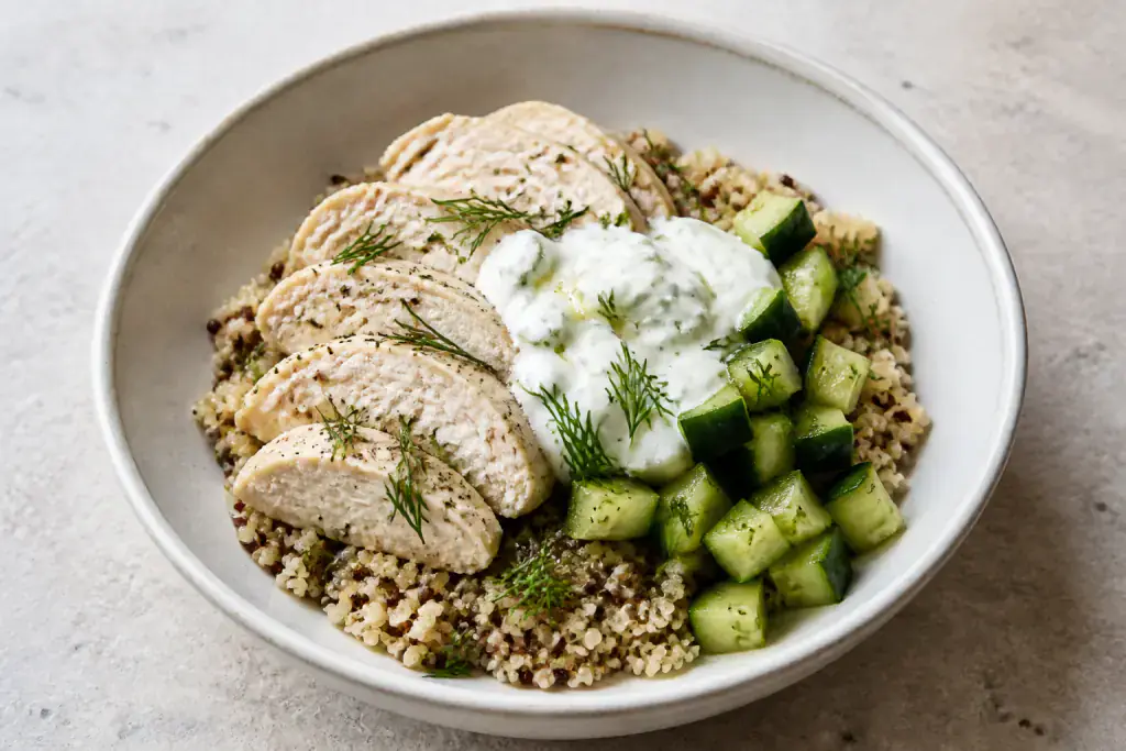 Greek Turkey Cucumber Quinoa Bowl