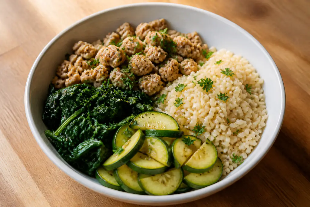 Guatemalan-Inspired Fatty-Liver-Caution Turkey Brown Rice Greens Bowl
