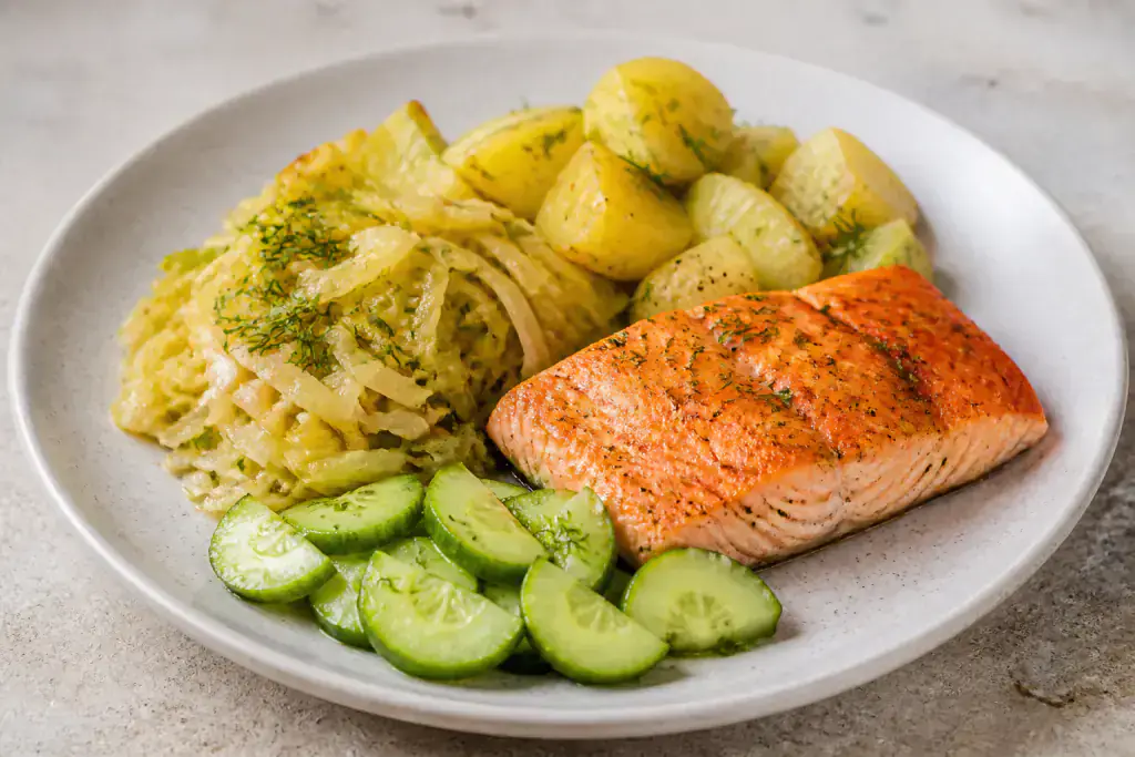 Hungarian-Inspired Heart-Healthy Salmon Potato Cabbage Plate