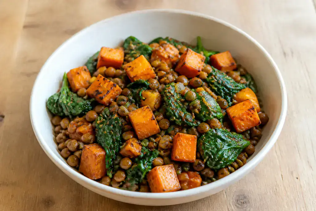 Hungarian-Inspired Vegan Lentil Sweet Potato Spinach Bowl
