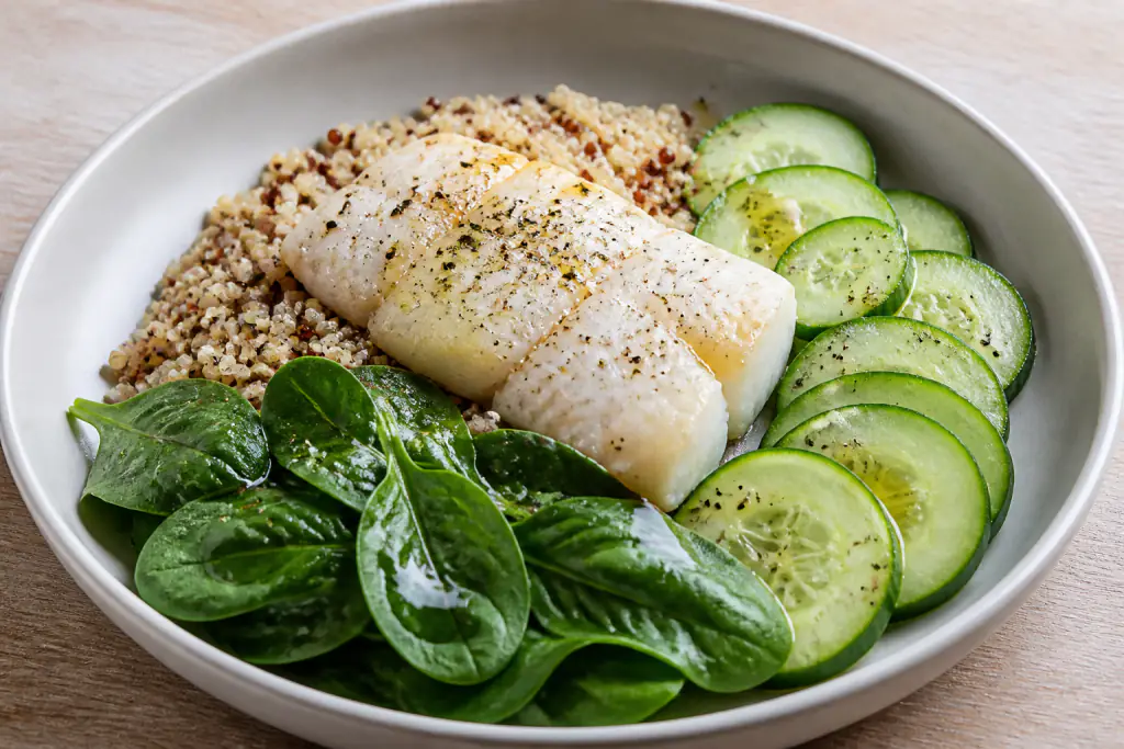Icelandic-Inspired Heart-Healthy White Fish Quinoa Cucumber Plate