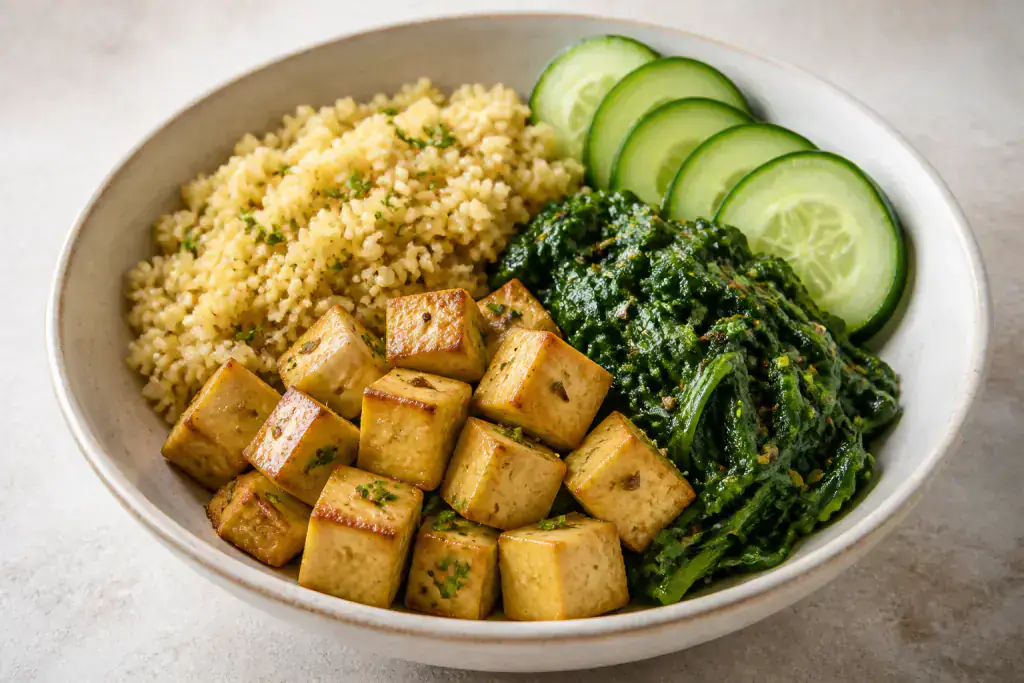 Indonesian PCOS-Friendly Tofu Millet Greens Bowl