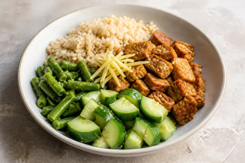 Indonesian Tempeh Cucumber Brown Rice Bowl