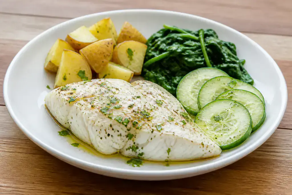 Italian-Inspired Heart-Healthy White Fish Potato Spinach Plate