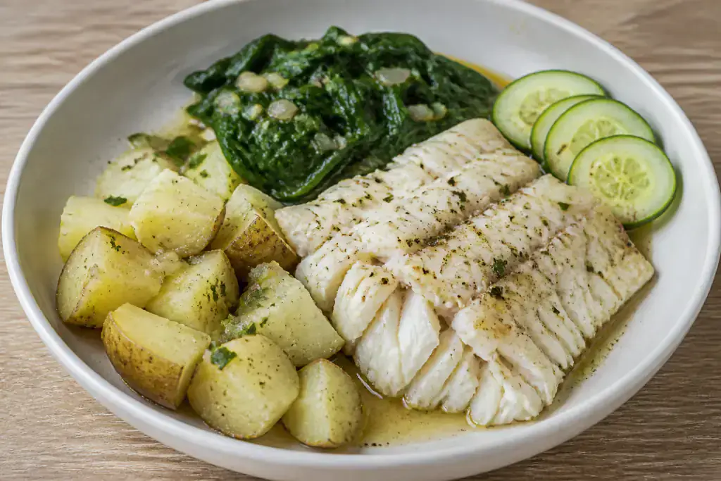 Jamaican-Inspired Heart-Healthy White Fish Potato Spinach Plate