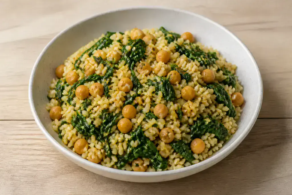 Jamaican-Inspired Vegan Chickpea Spinach Rice Bowl