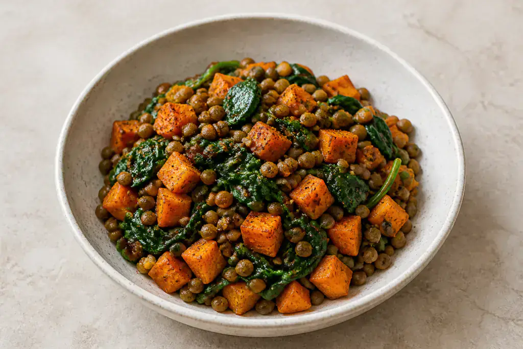 Jordanian-Inspired Vegan Lentil Sweet Potato Spinach Bowl