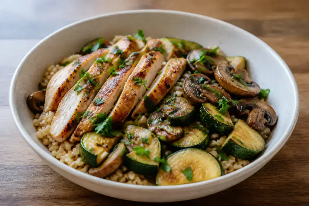 Kenyan-Inspired Fatty-Liver-Caution Chicken Brown Rice Mushroom Bowl