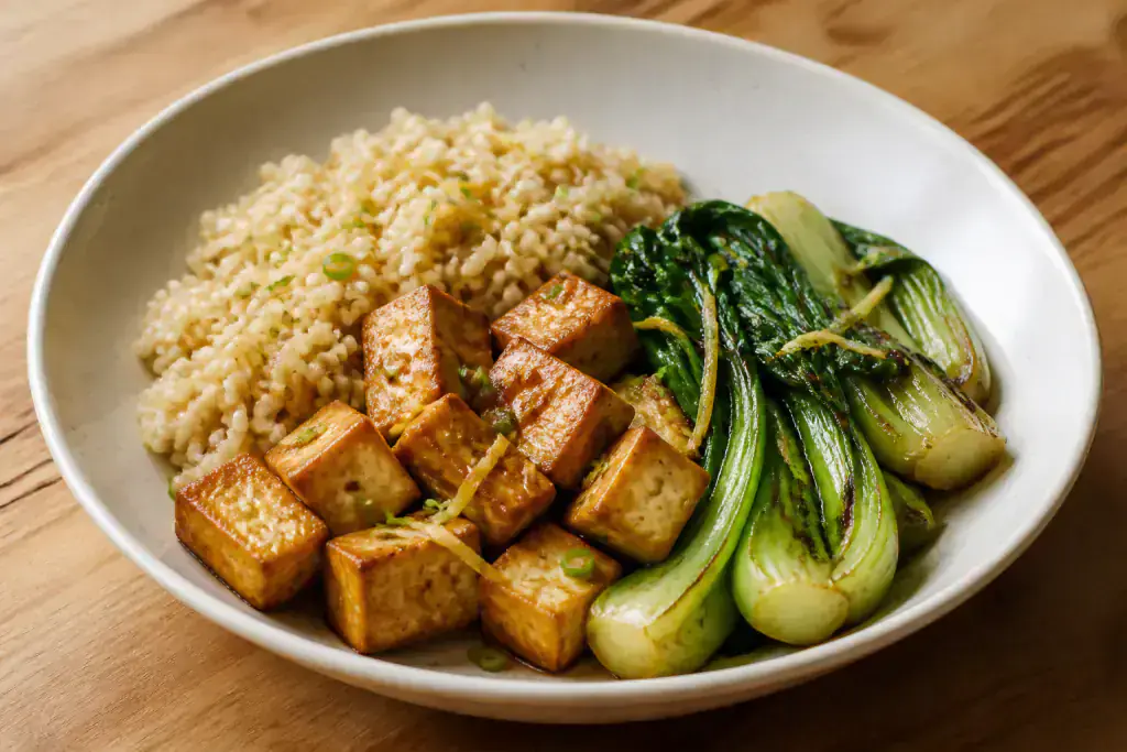 Korean Diabetes-Friendly Tofu Brown Rice Bok Choy Bowl