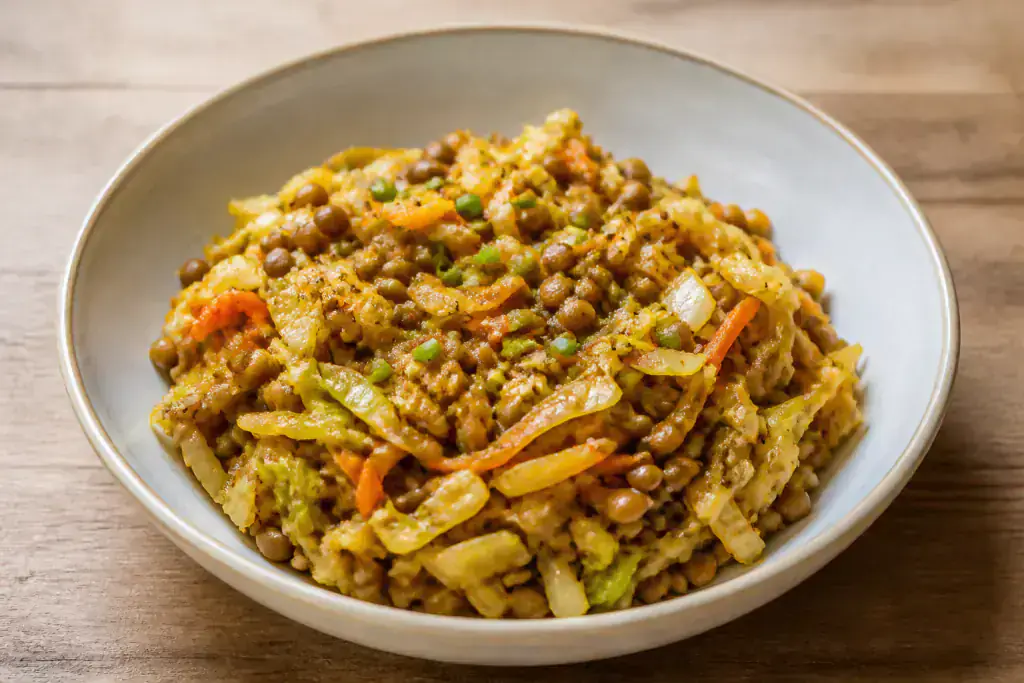 Korean Vegan Lentil Cabbage Carrot Bowl