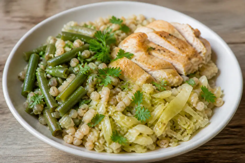 Latvian-Inspired Diabetes-Friendly Chicken Barley Green Bean Bowl