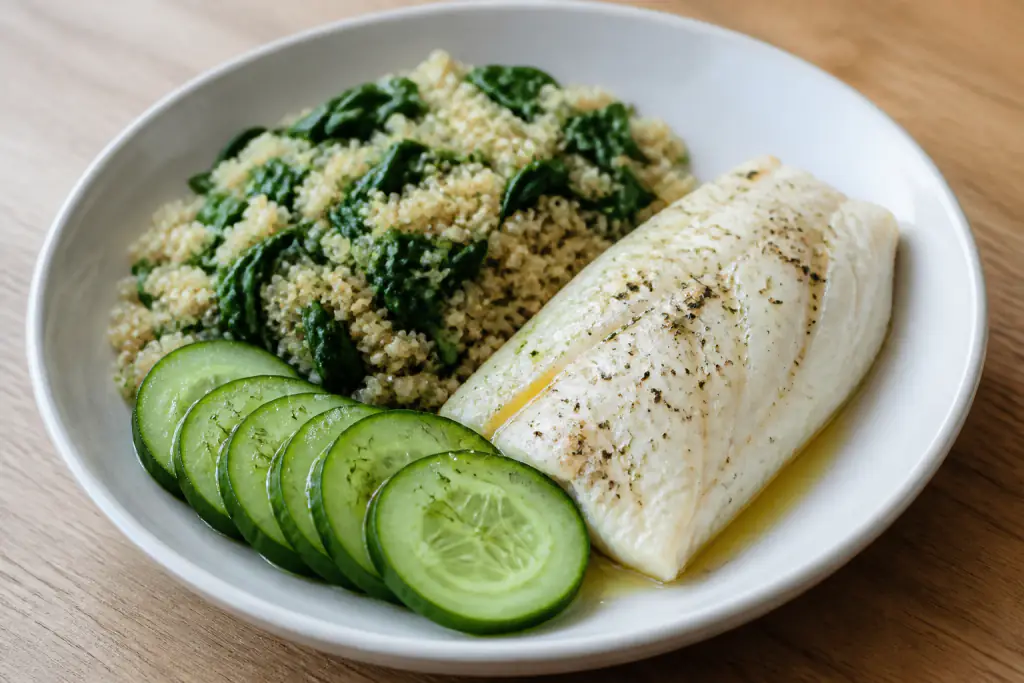 Latvian-Inspired Heart-Healthy White Fish Quinoa Cucumber Plate