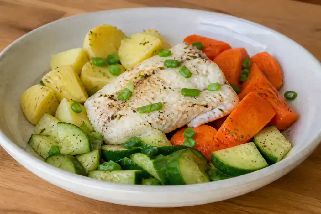 Lebanese Low-FODMAP-Style Fish Potato Carrot Bowl