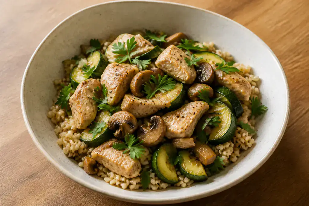 Malagasy-Inspired Fatty-Liver-Caution Chicken Brown Rice Mushroom Bowl