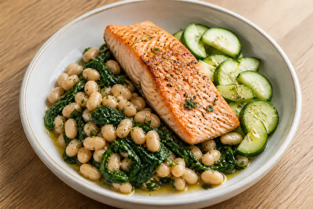 Mediterranean White Bean Spinach Salmon Plate