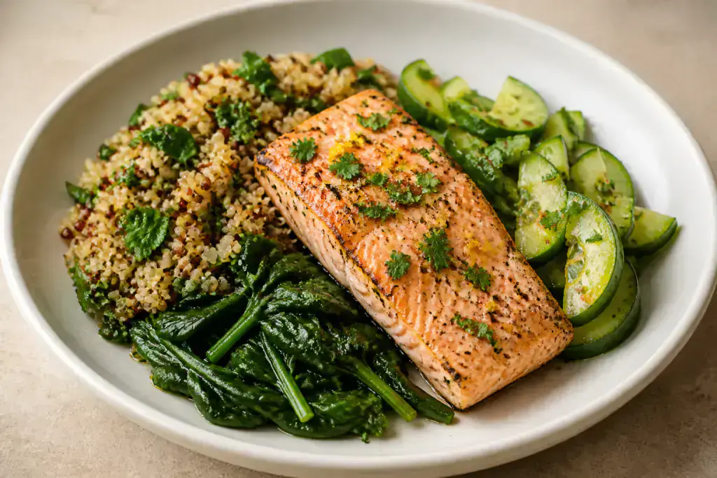 Mexican Heart-Healthy Salmon Quinoa Cucumber Plate