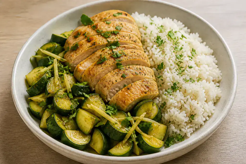 Moroccan GERD-Aware Chicken Rice Zucchini Bowl