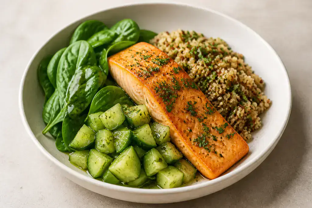 Moroccan Heart-Healthy Salmon Quinoa Cucumber Plate