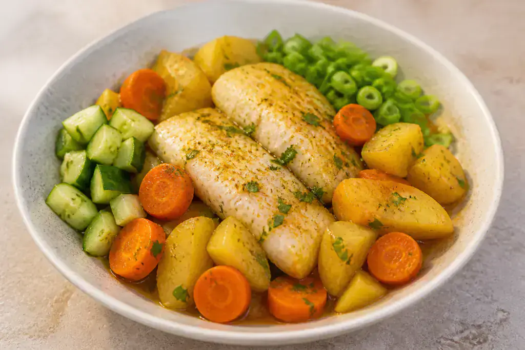 Moroccan Low-FODMAP-Style Fish Potato Carrot Bowl