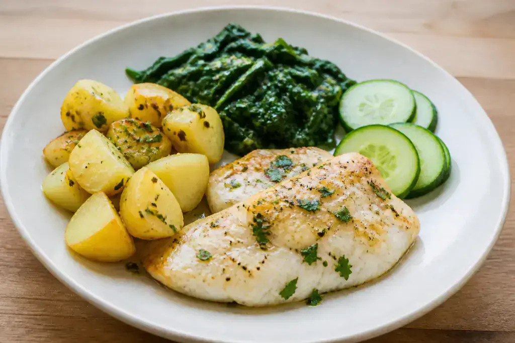Nepali-Inspired Heart-Healthy White Fish Potato Spinach Plate