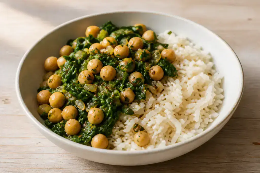 Nepali-Inspired Vegan Chickpea Spinach Rice Bowl